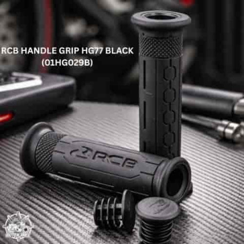 RCB HG77 motorcycle handle grips in single-tone black and two-tone black red, part numbers 01HG029B and 01HG030R