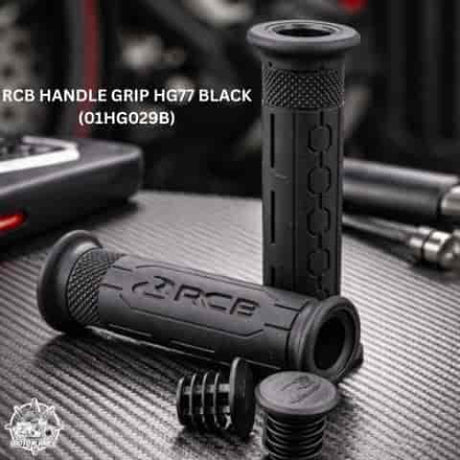 RCB HG77 motorcycle handle grips in single-tone black and two-tone black red, part numbers 01HG029B and 01HG030R