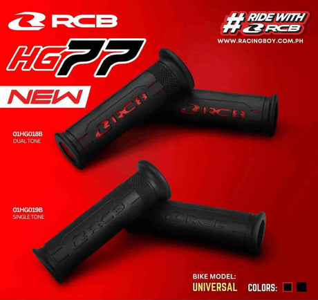 RCB HG77 motorcycle handle grips in single-tone black and two-tone black red, part numbers 01HG029B and 01HG030R