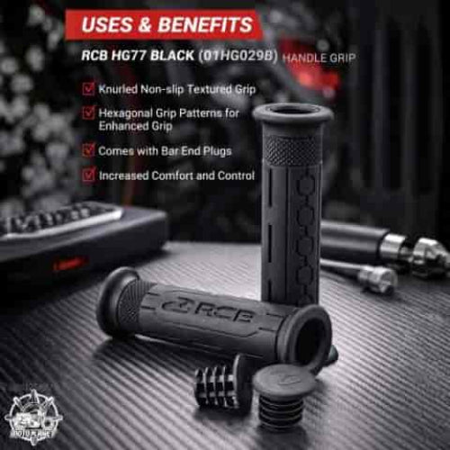RCB HG77 motorcycle handle grips in single-tone black and two-tone black red, part numbers 01HG029B and 01HG030R