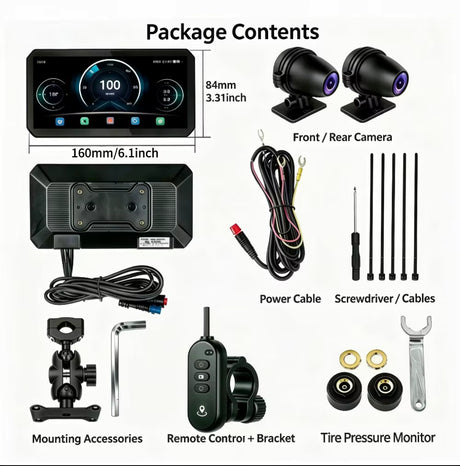 LBC Moto B3 Elite smart motorcycle display with dual 1080P cameras, TPMS sensors and remote control