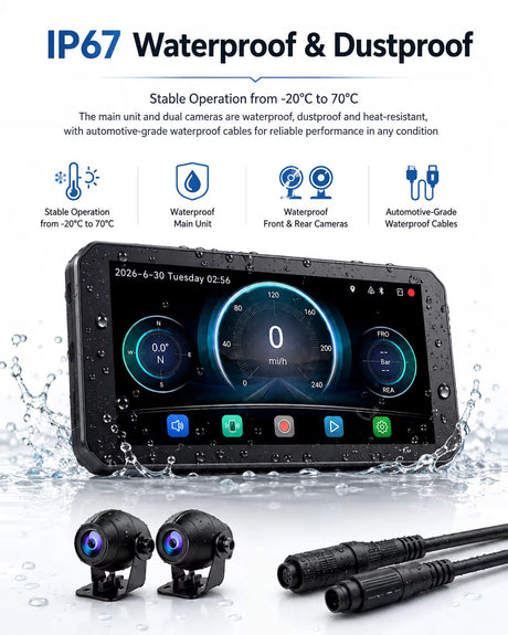 LBC Moto B3 Elite smart motorcycle display with dual 1080P cameras, TPMS sensors and remote control