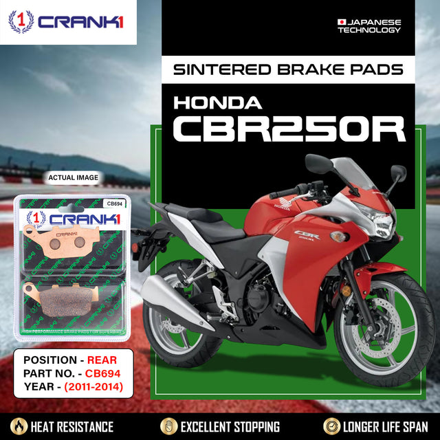 CRANK1 CB694 sintered rear brake pads for Honda CBR250R (2011-2014) premium motorcycle braking upgrade with high-performance stopping power.