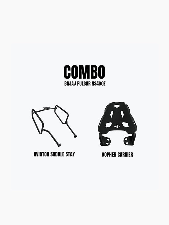 Legundary Custom Aviator Saddle Stay and Gopher Carrier Combo for Bajaj Pulsar NS400Z Black Mild Steel Touring Luggage Setup