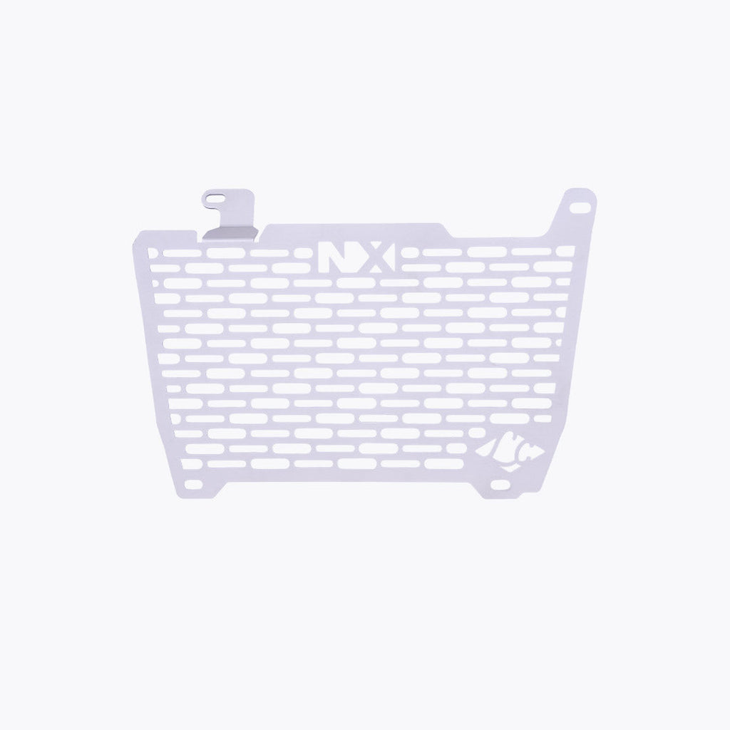Legundary Custom Vector V2 radiator grill for Honda NX500 in silver aluminium, durable engine guard protector and heat shield with precision fit.