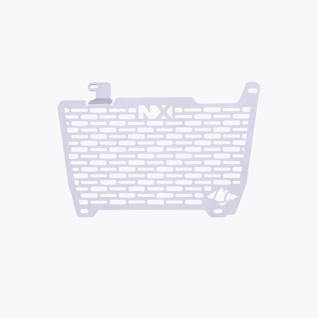 Legundary Custom Vector V2 radiator grill for Honda NX500 in silver aluminium, durable engine guard protector and heat shield with precision fit.