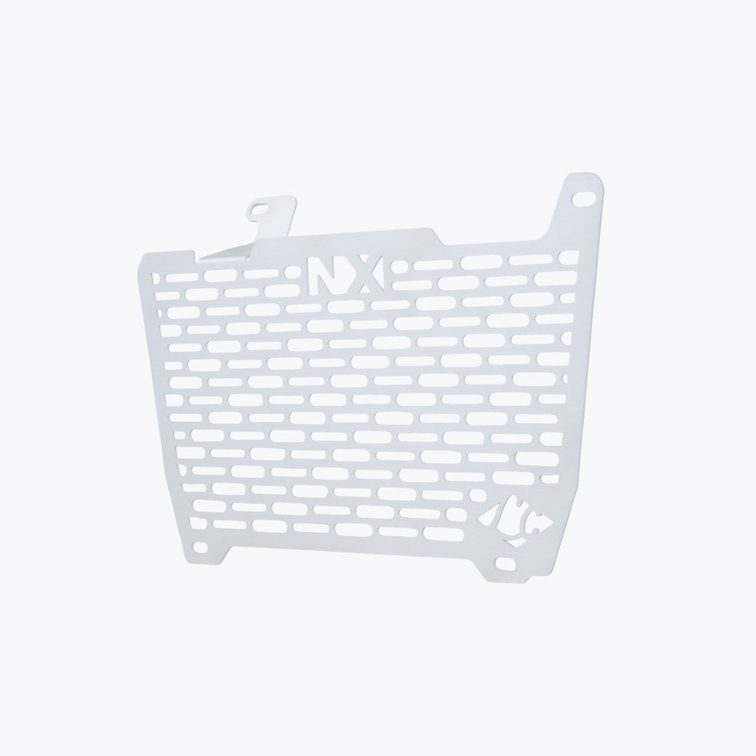 Legundary Custom Vector V2 radiator grill for Honda NX500 in silver aluminium, durable engine guard protector and heat shield with precision fit.