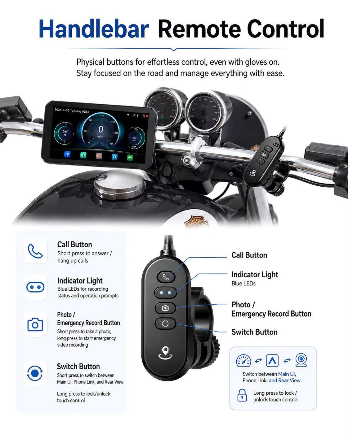 LBC Moto B3 Elite smart motorcycle display with dual 1080P cameras, TPMS sensors and remote control