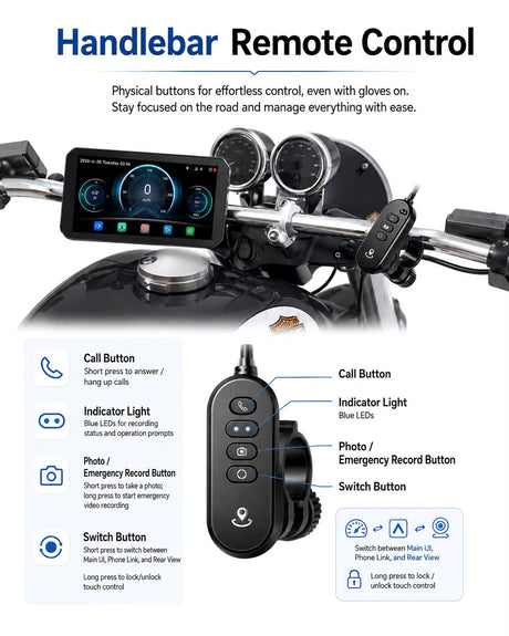 LBC Moto B3 Elite smart motorcycle display with dual 1080P cameras, TPMS sensors and remote control