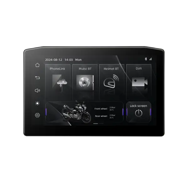 Sash Gears M8 Smart Riding Display with 6.2 inch touchscreen, wireless Apple CarPlay, Android Auto, dual 1080P cameras, TPMS and waterproof aluminum mount
