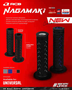 RCB Nagamaki 122mm Motorcycle Grip Set – Black/Red, Black, Black/Grey, Black/Blue and Black/Green.