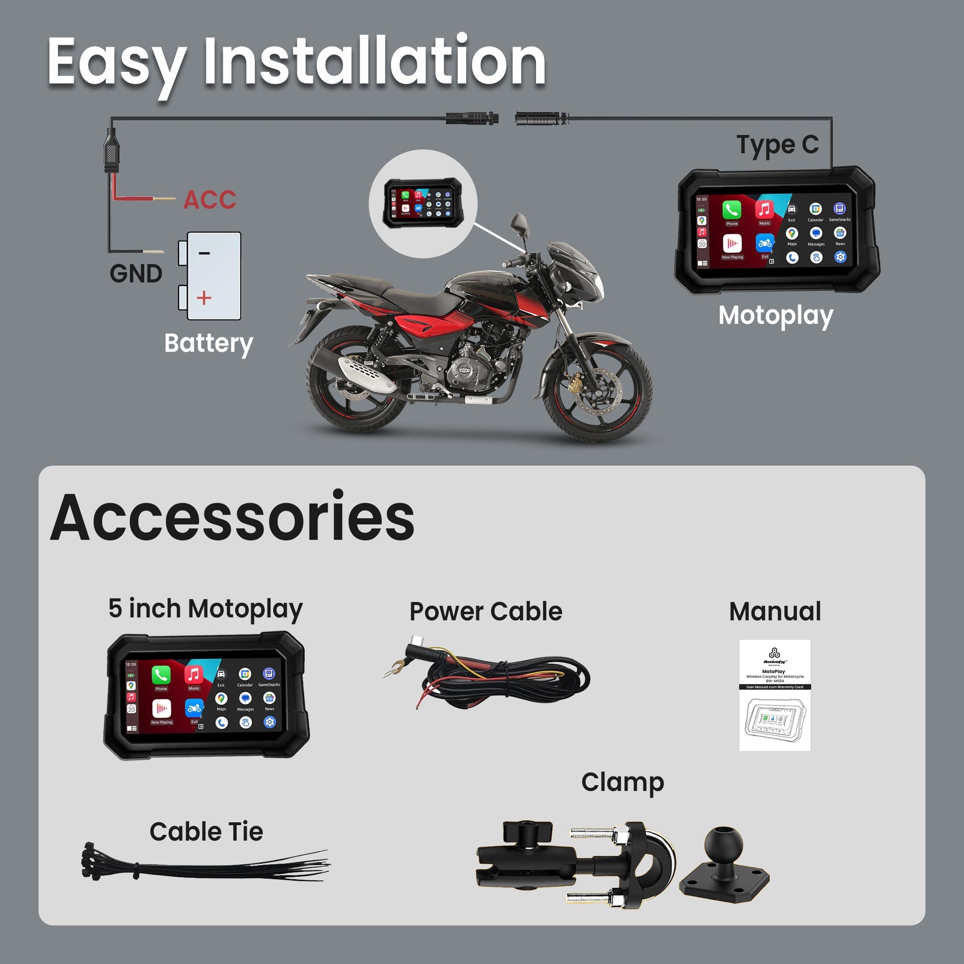 Autofy Motoplay 5 Inch Waterproof Motorcycle Navigation CarPlay Screen with Quick Detachable Mount