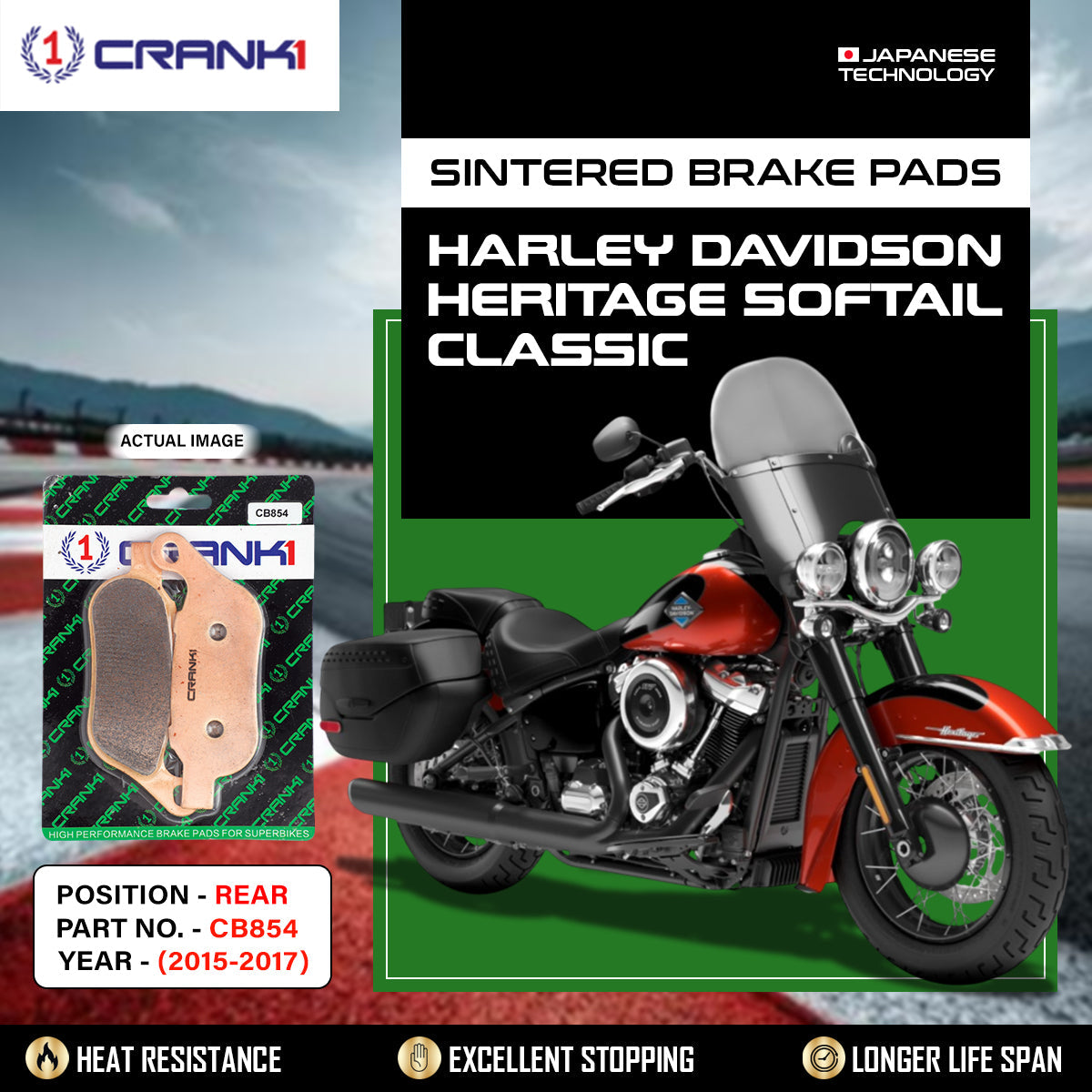 CRANK1 CB854 Sintered Rear Brake Pads for Harley Davidson Heritage Softail Classic 2015-2017 and compatible Harley Davidson motorcycles