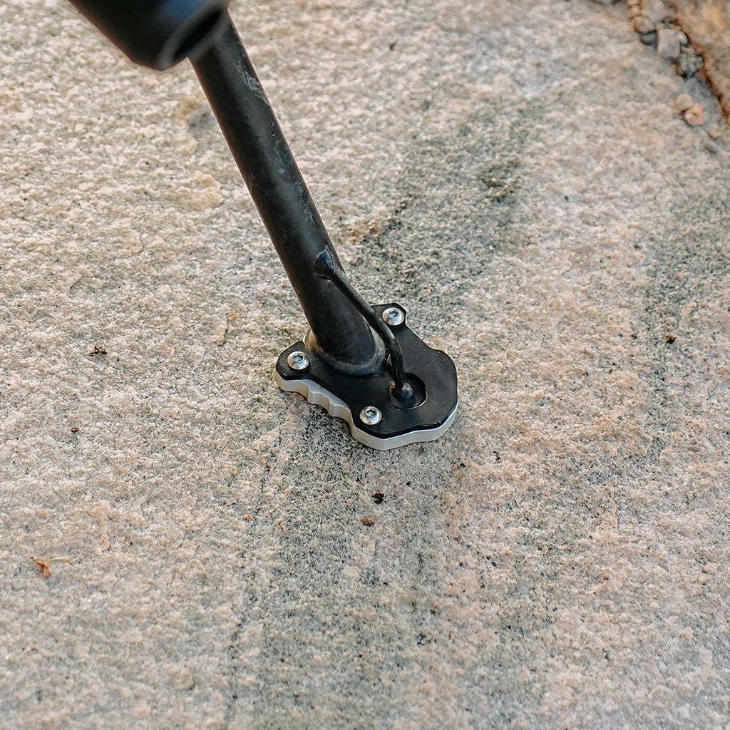 Legundary Custom KTM 390 Enduro R Fortis Side Stand Base black silver mild steel aluminium parking support plate