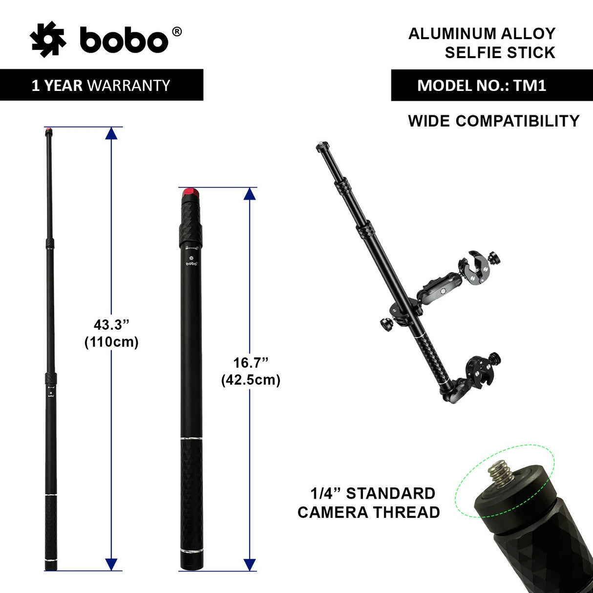 BOBO TM1 monopod motorcycle selfie stick action camera mount extendable for GoPro Insta360 bike vlogging