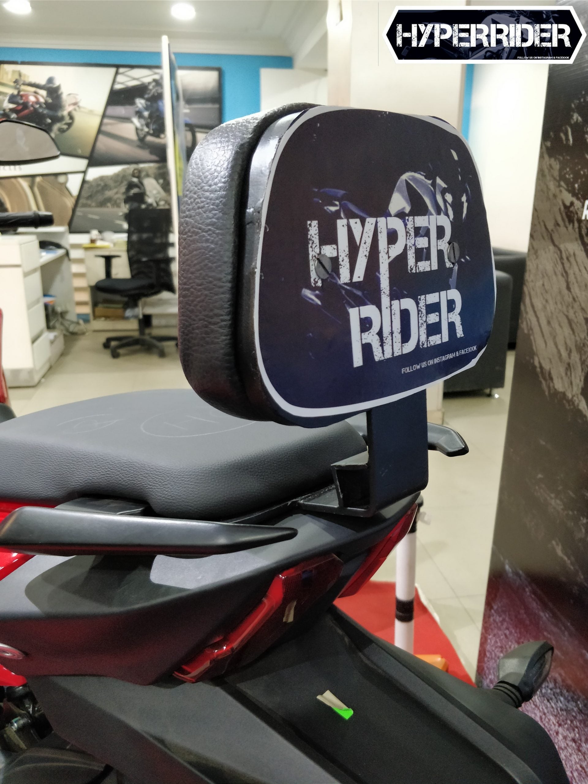 Hyperrider backrest for Bajaj Dominar 250 and Dominar 400 with integrated helmet lock and cushioned pillion support