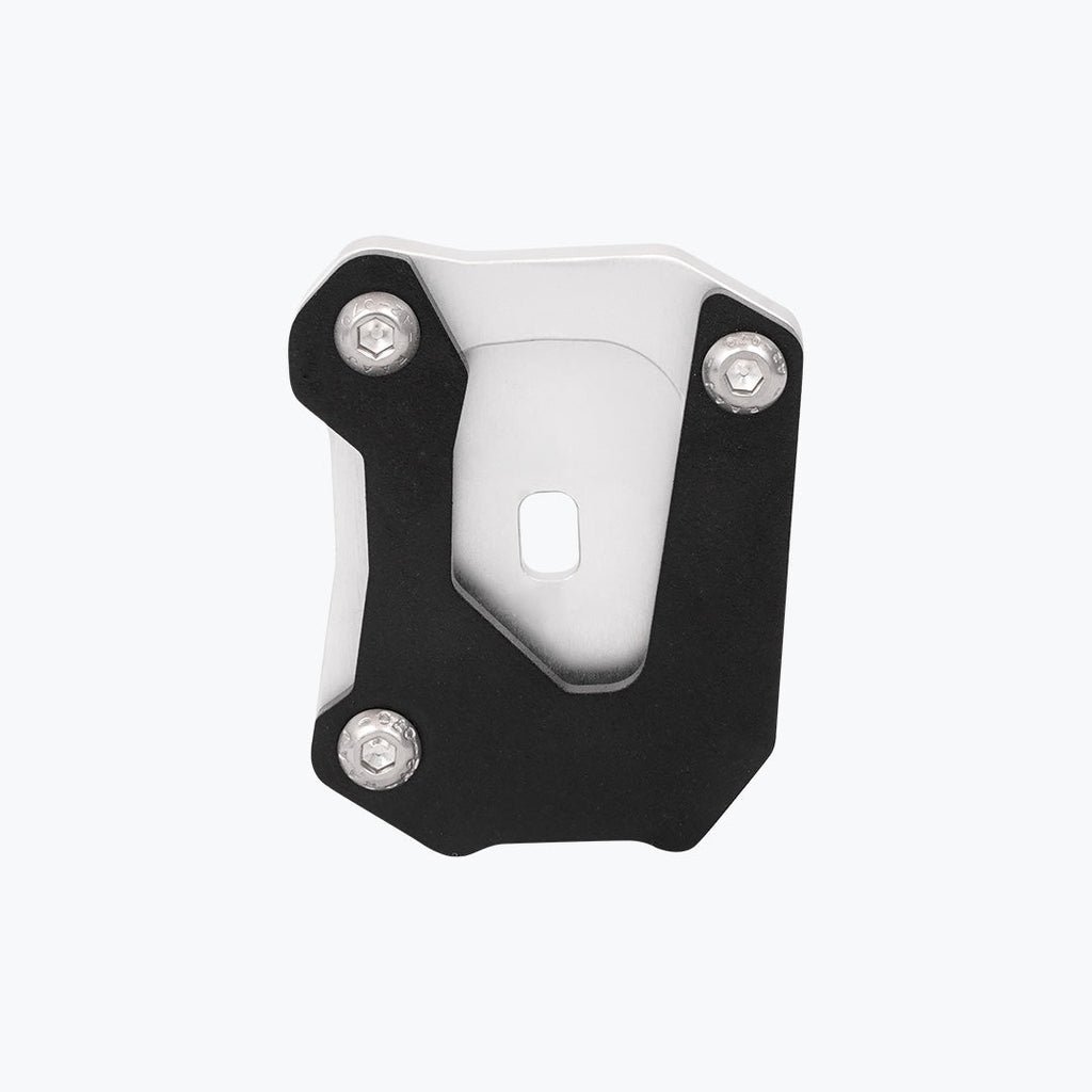 Legundary Custom Fortis side stand base for Honda NX500 in silver aluminium, foot extension plate designed for stable parking support and enhanced ground grip.