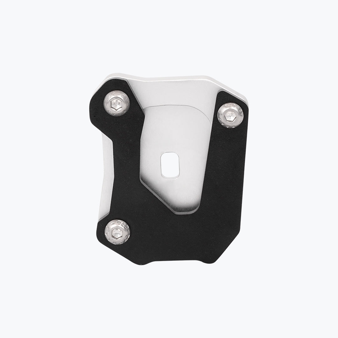 Legundary Custom Fortis side stand base for Honda NX500 in silver aluminium, foot extension plate designed for stable parking support and enhanced ground grip.