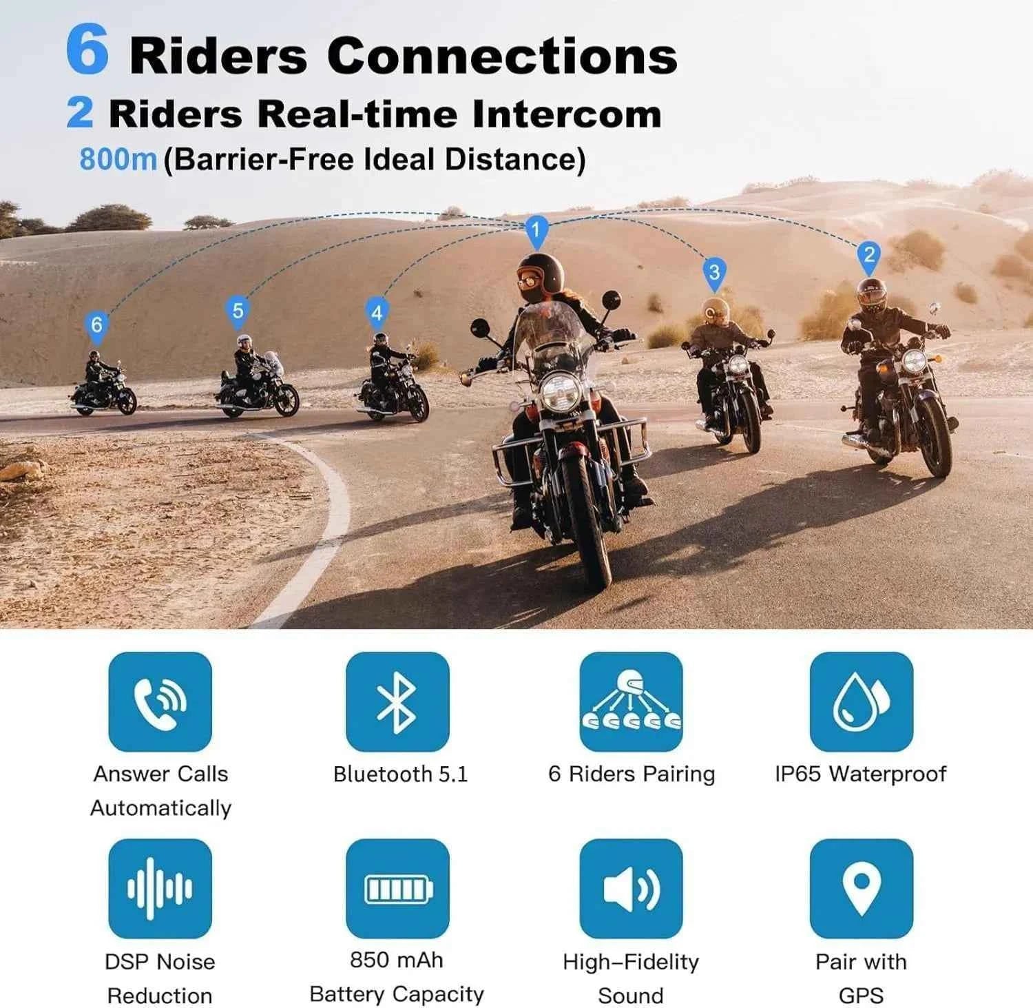 EJEAS V6 Pro Plus Bluetooth helmet intercom with 800m range DSP noise cancellation Bluetooth 5.1 IP67 waterproof motorcycle communication system