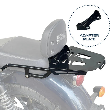Auto Engina Top Rack with Backrest Adapter for Royal Enfield Meteor 350 with 13kg Luggage Capacity in Gloss Black