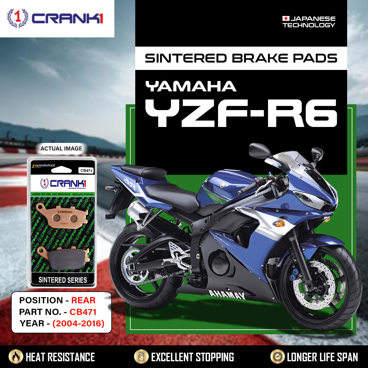 CRANK1 CB471 Sintered Rear Brake Pads for Yamaha YZF-R6 2004-2016 Motorcycle Brake Pads