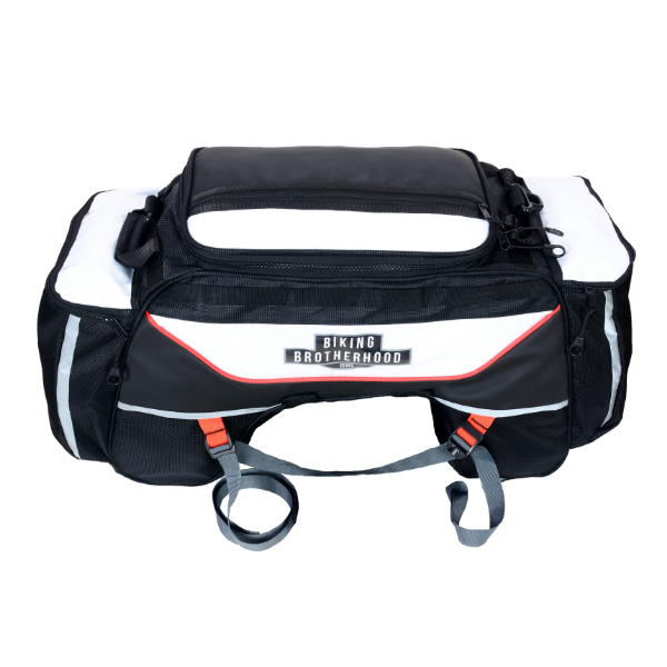 BBG TourPro 60L motorcycle tail bag with bottle holders and storage pockets