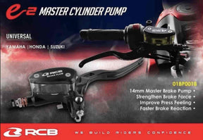 RCB E2 Series black 14mm right-hand master brake pump with transparent reservoir, 01BP001B