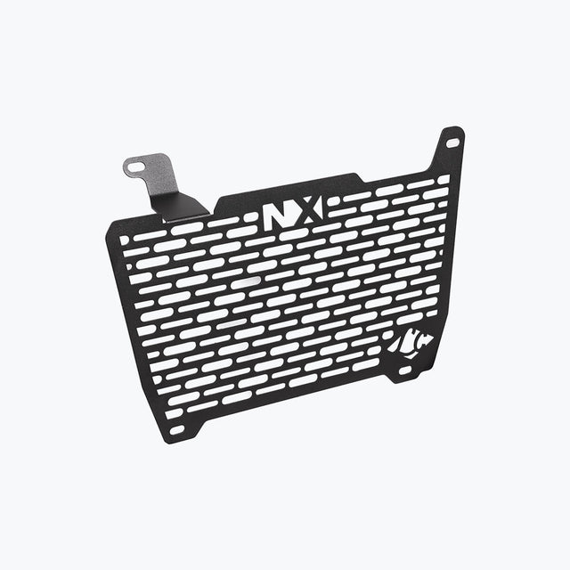 Legundary Custom Vector V2 radiator grill for Honda NX500 in black aluminium, durable engine guard protector and heat shield with precision fit.