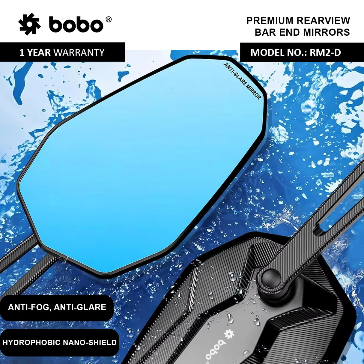 BOBO RM2-D premium motorcycle bar end mirror anti glare anti fog 360 degree adjustable rear view mirror bike