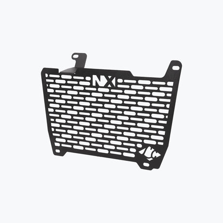 Legundary Custom Vector V2 radiator grill for Honda NX500 in black aluminium, durable engine guard protector and heat shield with precision fit.