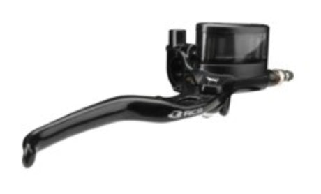 RCB E2 Series black 14mm right-hand master brake pump with transparent reservoir, 01BP001B