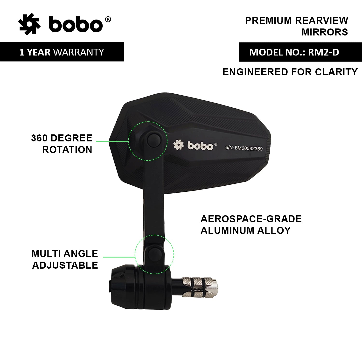 BOBO RM2-D premium motorcycle bar end mirror anti glare anti fog 360 degree adjustable rear view mirror bike