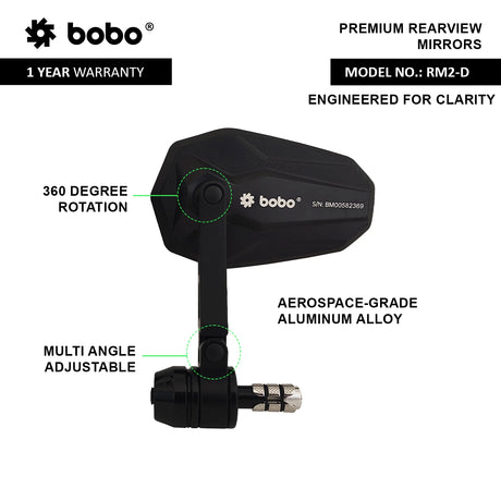 BOBO RM2-D premium motorcycle bar end mirror anti glare anti fog 360 degree adjustable rear view mirror bike