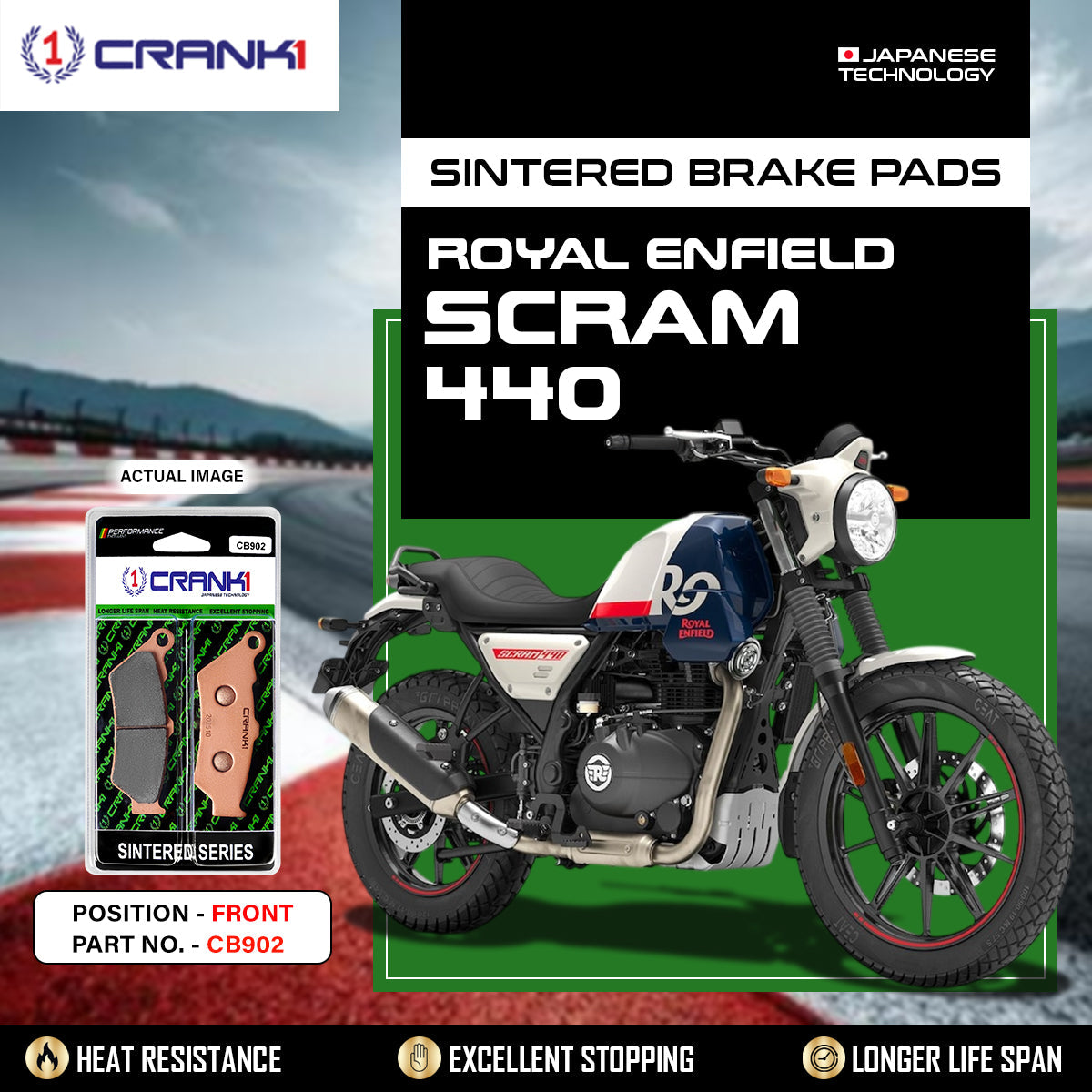 CRANK1 CB902 Sintered Front Brake Pads for Royal Enfield Scram 440, Bear 650, Himalayan 450, Interceptor 650 and KTM 390 Adventure