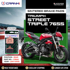 CRANK1 CB662 sintered rear brake pads for Triumph Street Triple 765S (2017-2020) high-performance motorcycle braking upgrade.