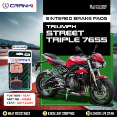 CRANK1 CB662 sintered rear brake pads for Triumph Street Triple 765S (2017-2020) high-performance motorcycle braking upgrade.