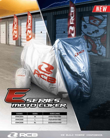 RCB E-Series silver waterproof motorcycle and scooter cover in Medium 2100 × 750 × 1180mm and Extra Large 2320 × 950 × 1460mm sizes