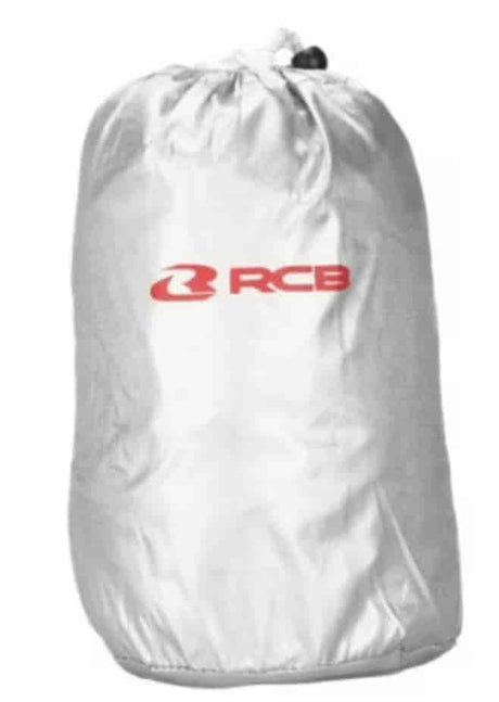 RCB E-Series silver waterproof motorcycle and scooter cover in Medium 2100 × 750 × 1180mm and Extra Large 2320 × 950 × 1460mm sizes