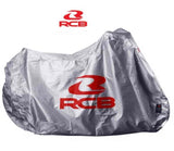 RCB E-Series silver waterproof motorcycle and scooter cover in Medium 2100 × 750 × 1180mm and Extra Large 2320 × 950 × 1460mm sizes