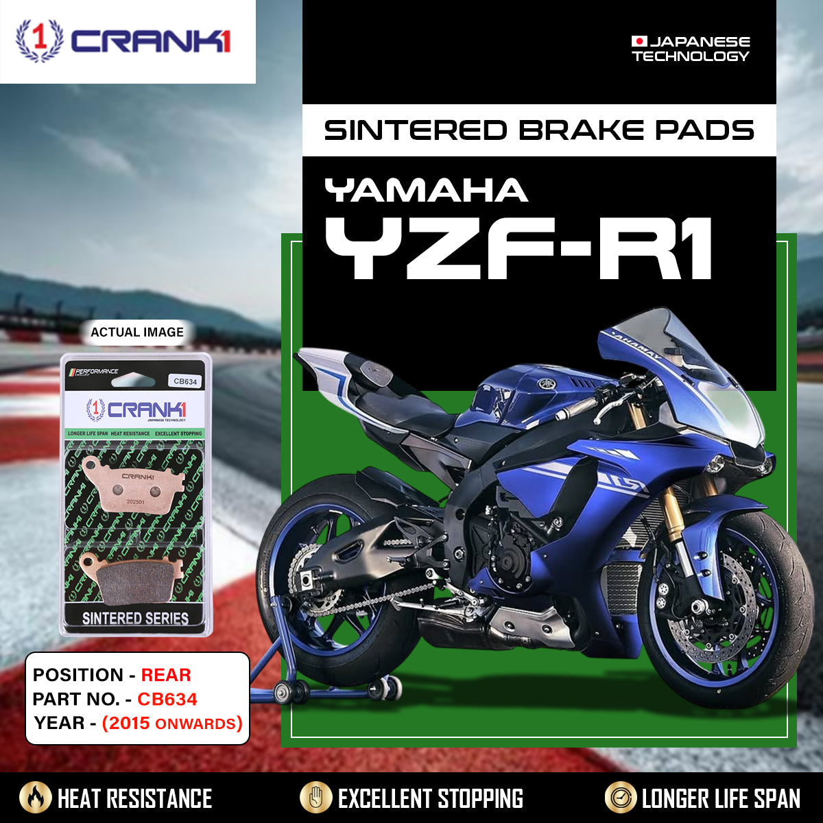 CRANK1 CB634 Sintered Rear Brake Pads For Yamaha YZF-R1 2015 Onwards Superbike