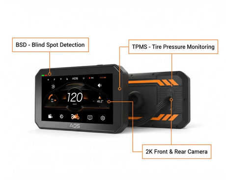 ADS Rover 3.0 Pro 5 Inch Motorcycle CarPlay Android Auto Display with Dual 2K Cameras