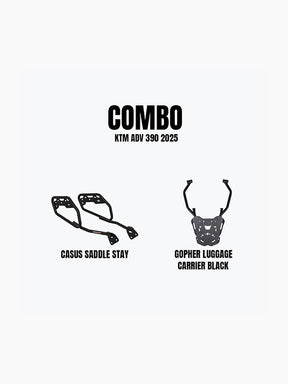Legundary Custom KTM ADV 390 2025 saddle stay and gopher luggage carrier combo mild steel black touring setup
