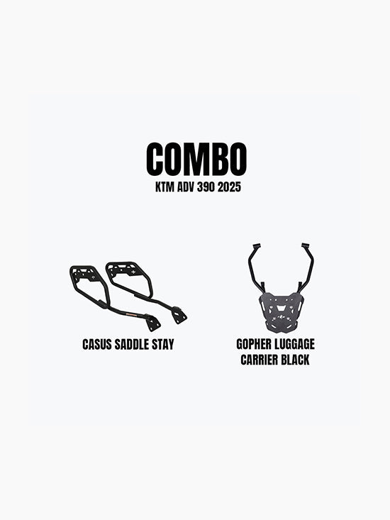 Legundary Custom KTM ADV 390 2025 saddle stay and gopher luggage carrier combo mild steel black touring setup