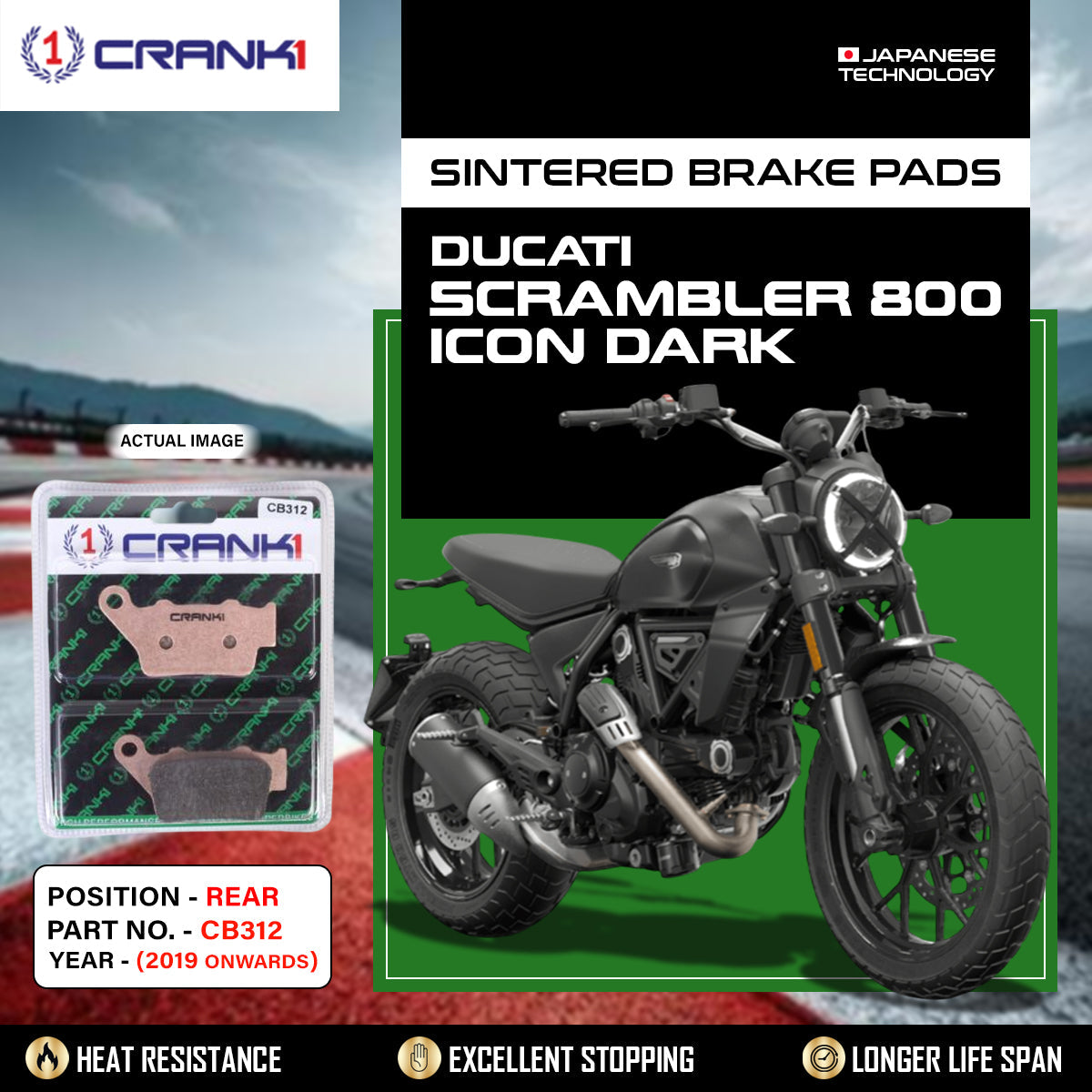 CRANK1 Sintered Rear Brake Pads CB312 for Ducati Scrambler 800 Icon Dark 2019 Onwards Motorcycle Brake Pads