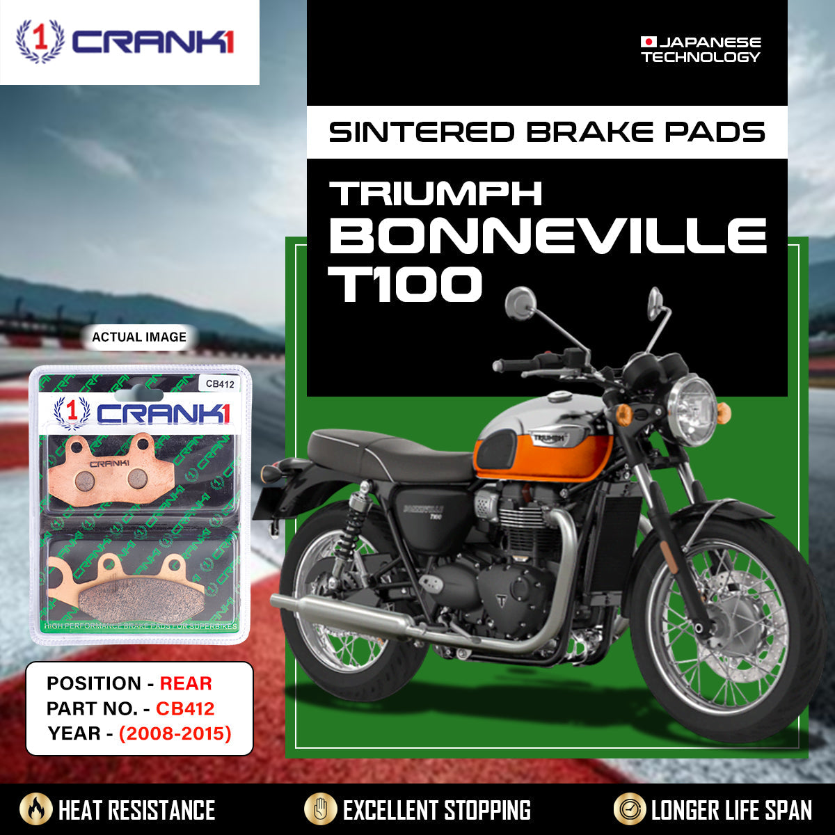 CRANK1 CB412 Sintered Rear Brake Pads For Triumph Bonneville T100 2008-2015 Motorcycle