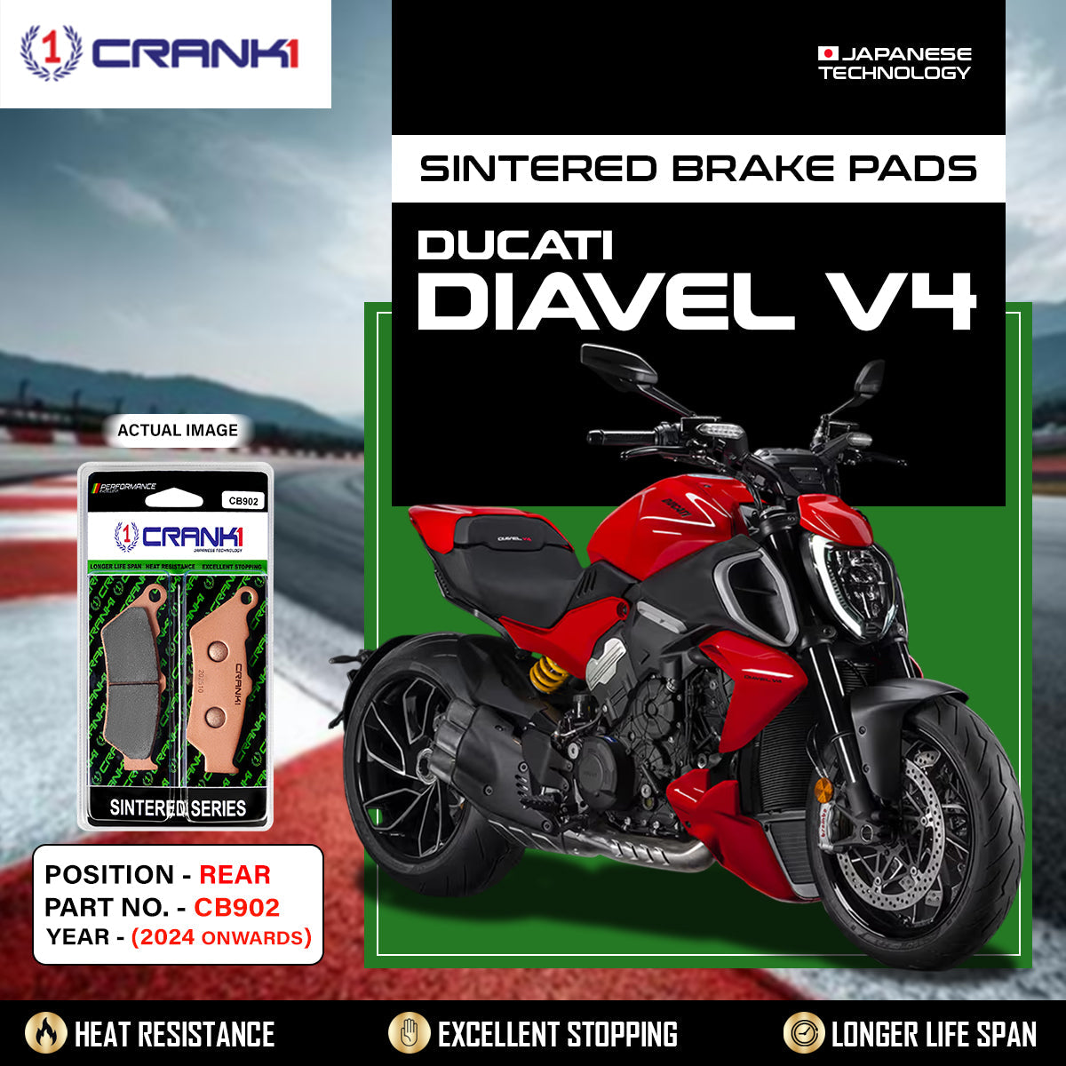 CRANK1 CB744 Sintered Front Brake Pads for Ducati Diavel V4 2024 Onwards, Panigale V4, Streetfighter V4, Suzuki Hayabusa and Triumph Tiger 900
