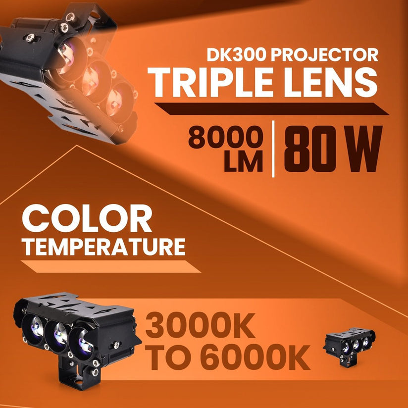 LGP DK300 Projector LED Fog Lamp Pair with Triple Lens Dual Color Yellow White Universal Motorcycle Auxiliary Driving Lights
