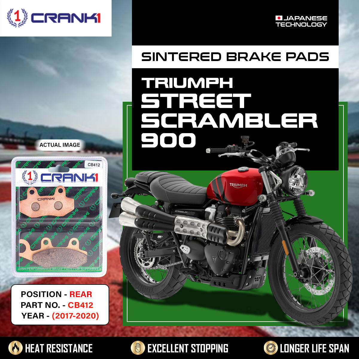 CRANK1 CB412 Sintered Rear Brake Pads For Triumph Street Scrambler 900 2017-2020 Motorcycle