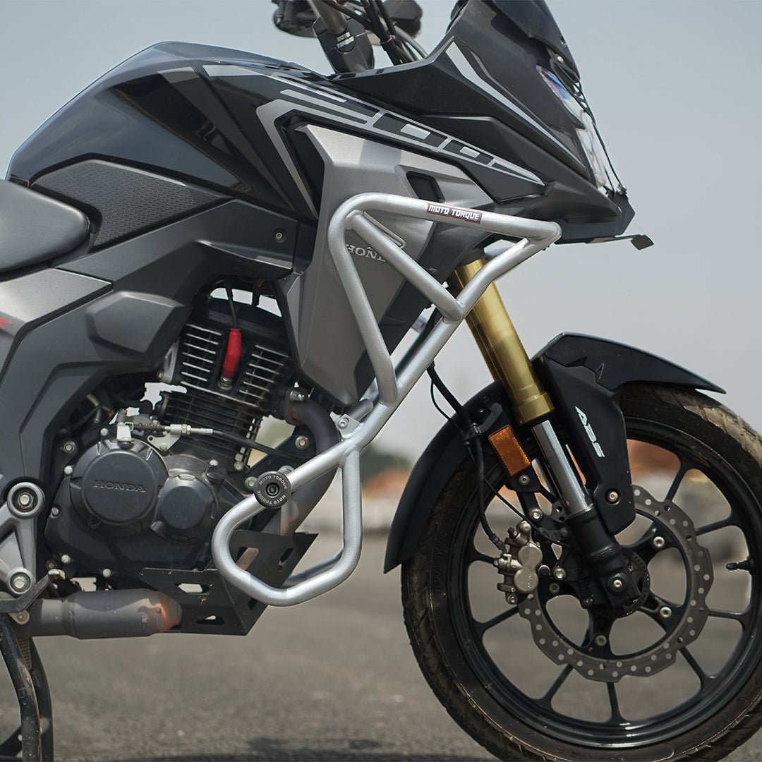 Moto Torque silver crash guard for Honda CB200X with nylon sliders and heavy duty engine protection