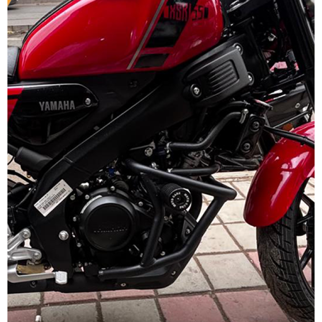 Motocare crash guard with dual sliders installed on Yamaha XSR 155 engine protection bar